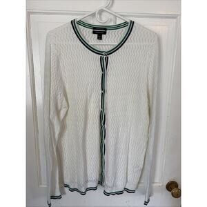 Lands End Womens Pointelle Knit White Green/Navy Trim Cardigan XLT Preppy Tennis